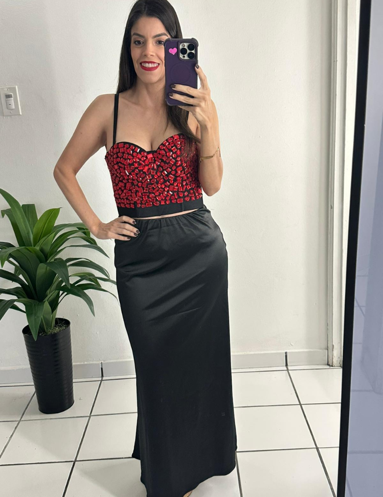 Rhinestone Cropped Bustier Top - Black/Red