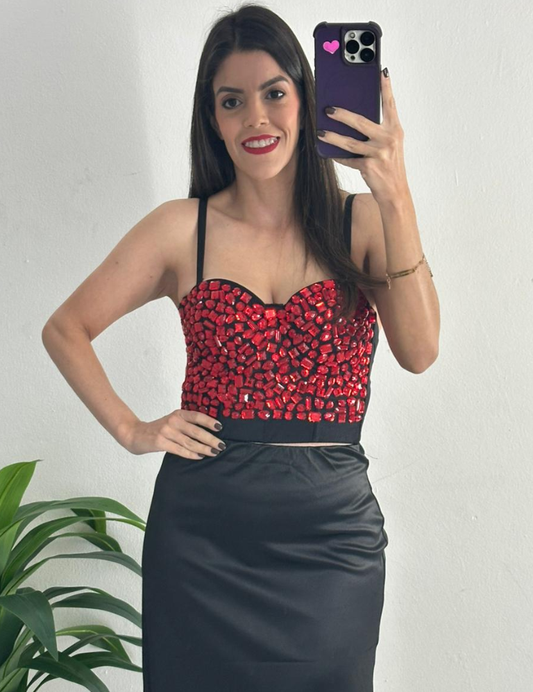 Rhinestone Cropped Bustier Top - Black/Red