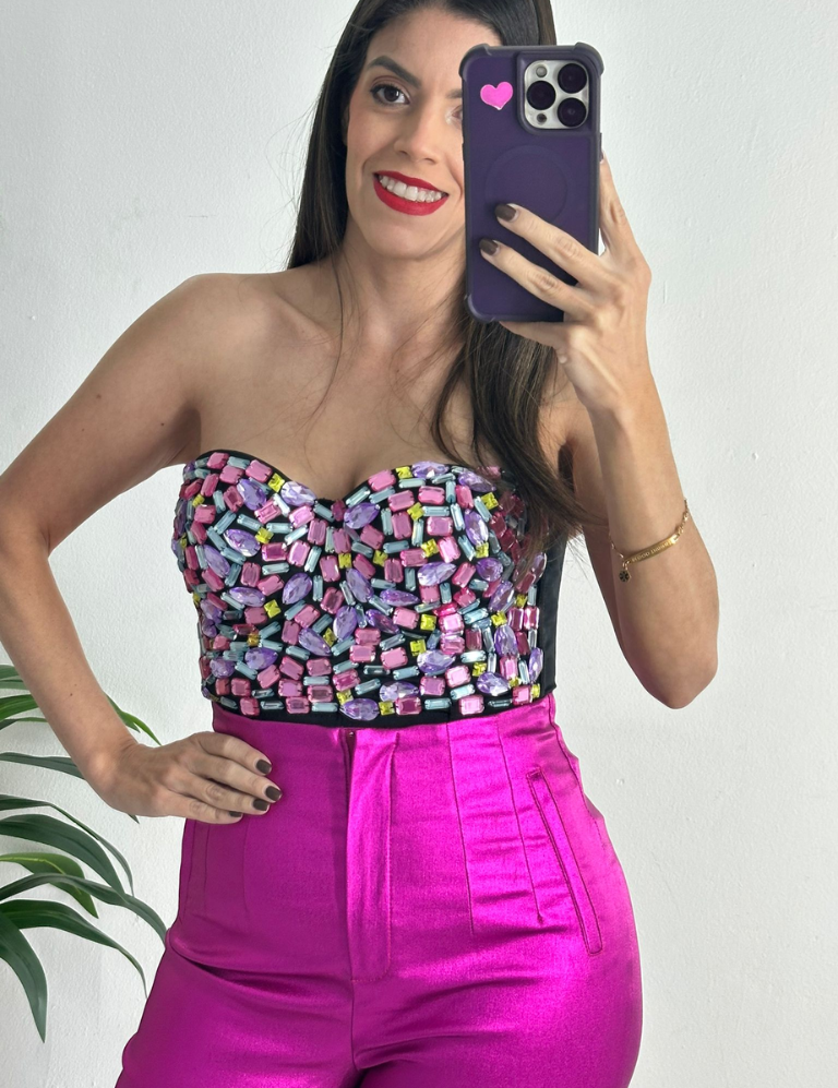 Multi Colored Stone Crop Bustier Top - Pink Mix