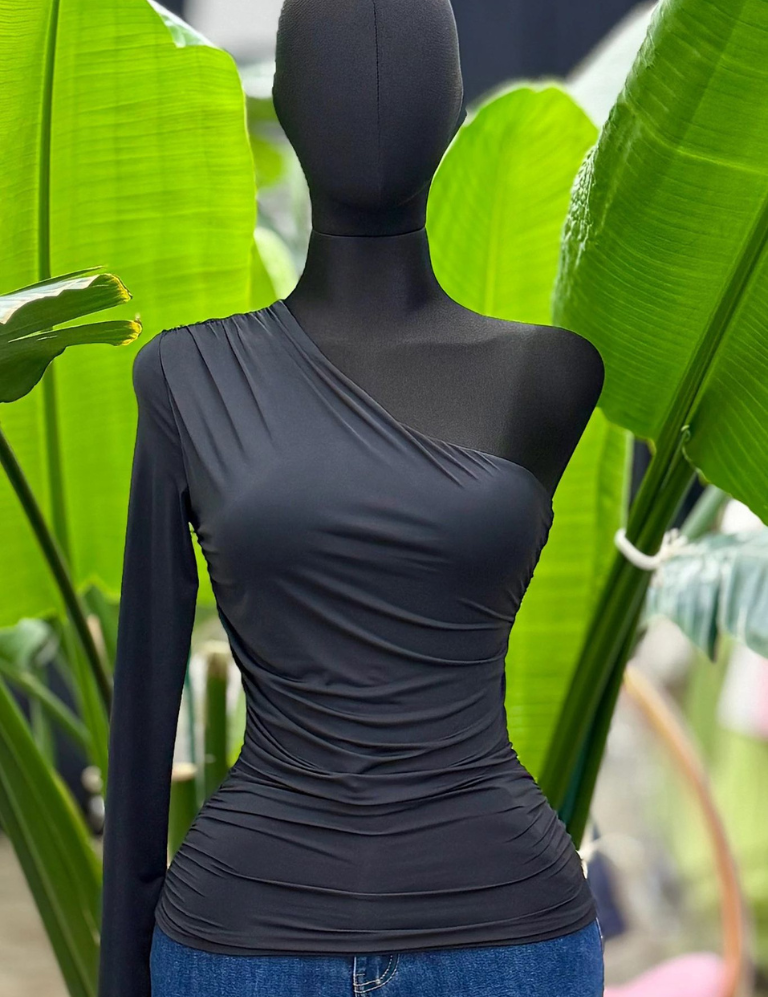 One shoulder long sleeve top- Black