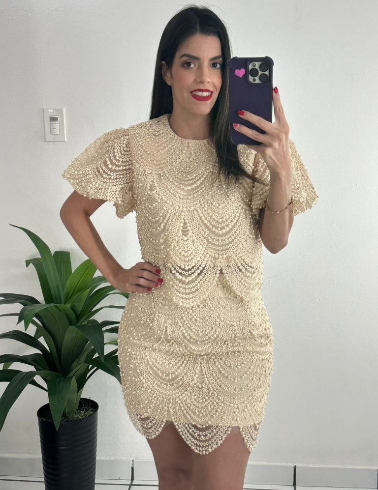 Pearls Top & Mini Skirt Set Beige