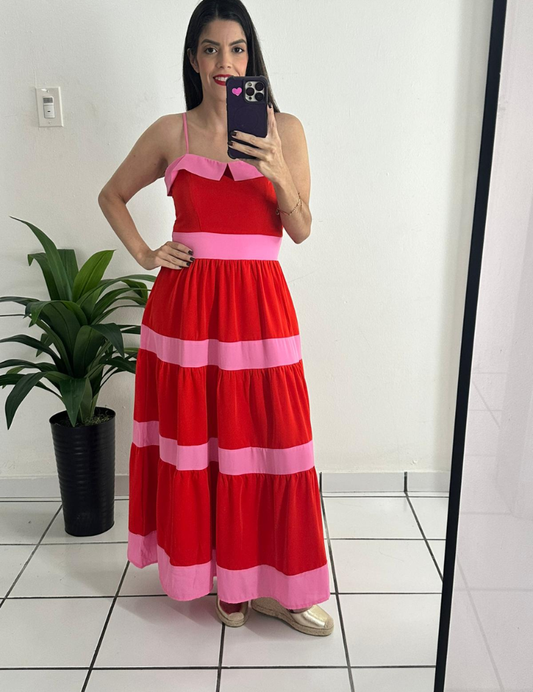 Red Midi Dress Colorblock Stripes