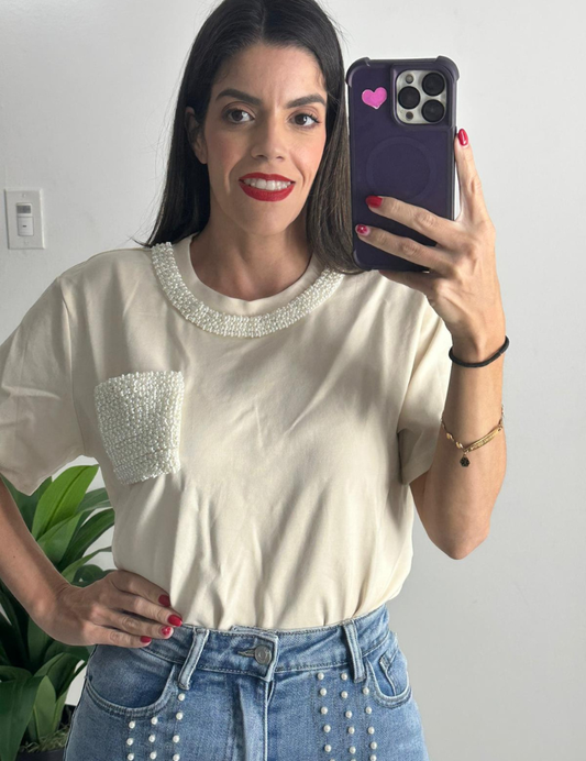 Beige Pearl Pocket Top