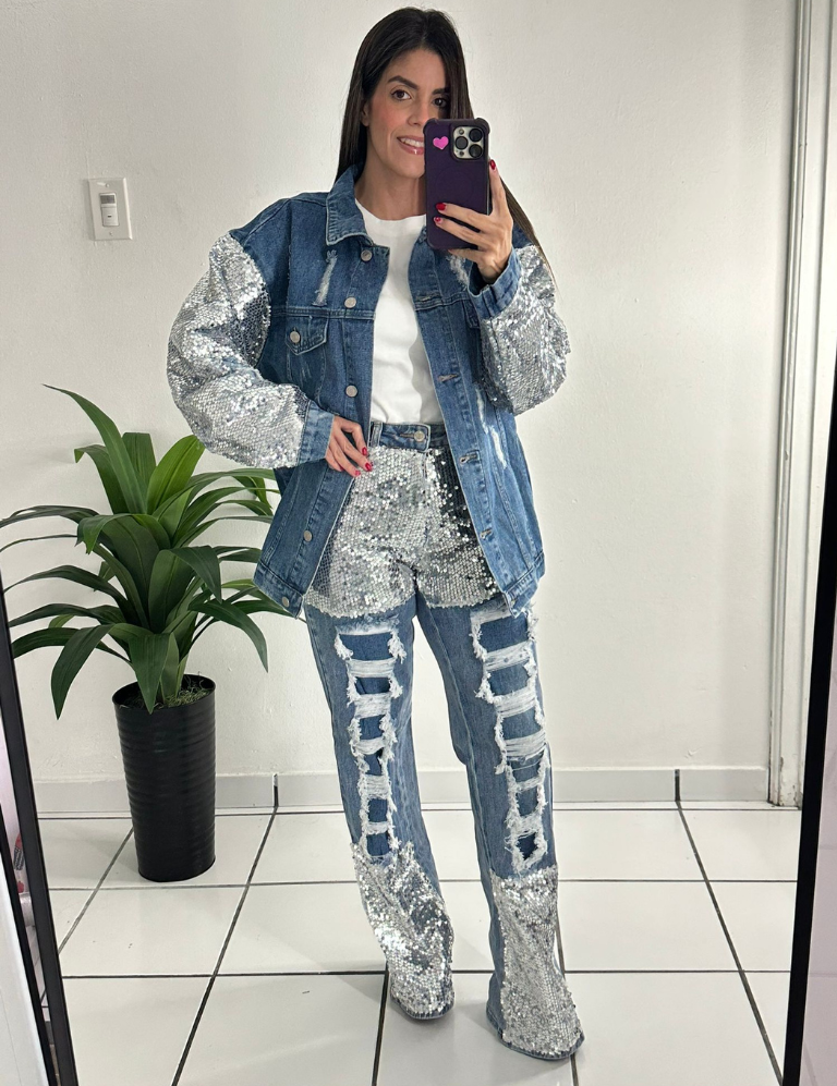 Silver Sequin Denim Jacket
