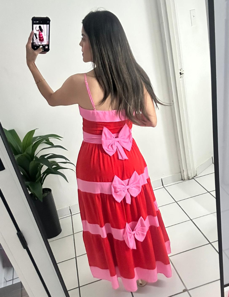 Red Midi Dress Colorblock Stripes