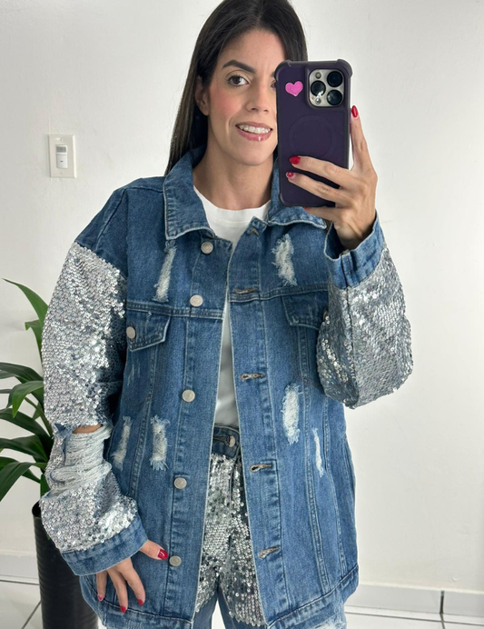 Silver Sequin Denim Jacket
