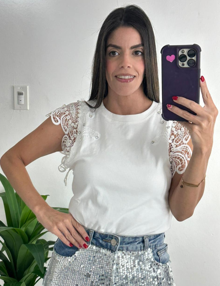 Short Laced Sleeve Top - White