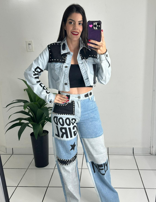 Denim Graphic Jacket & Jean Set