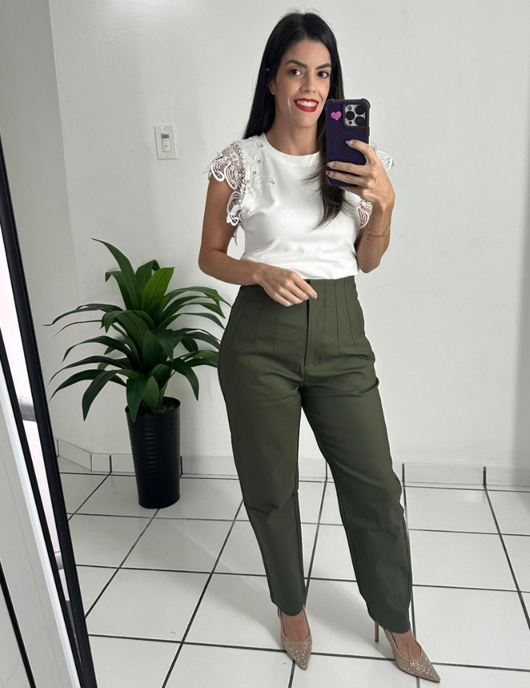Zara-style high-waisted olive green pants