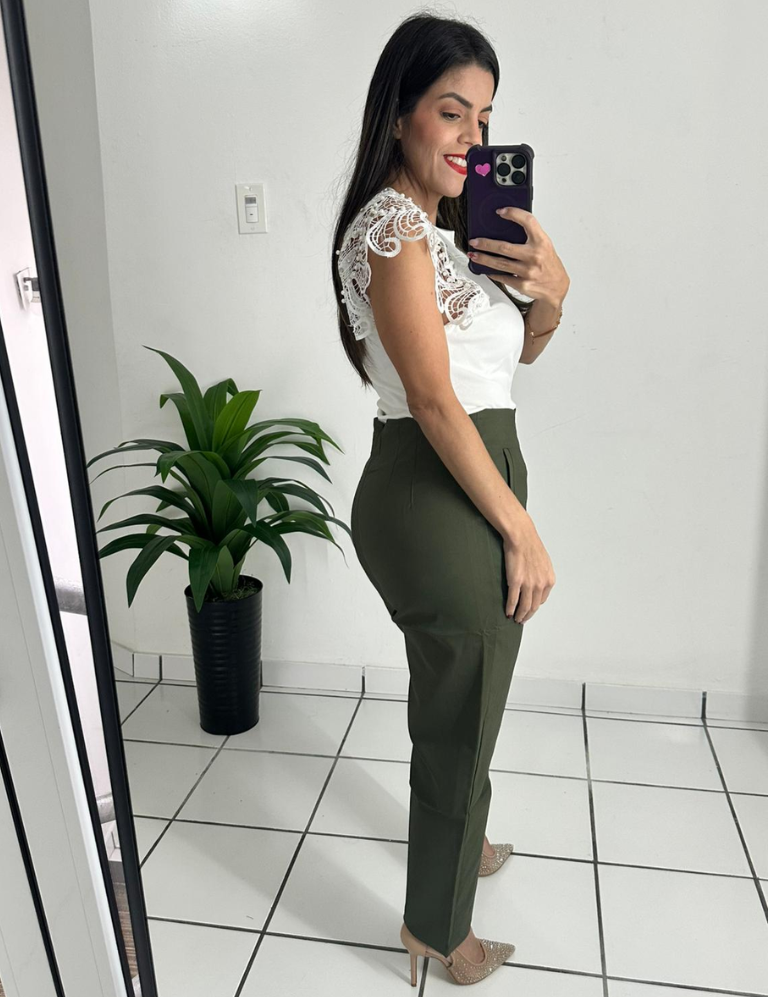 Zara-style high-waisted olive green pants