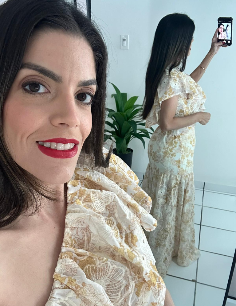 Beige eyelet top & skirt set