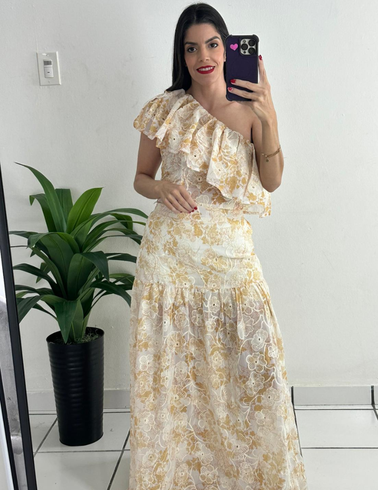 Beige eyelet top & skirt set