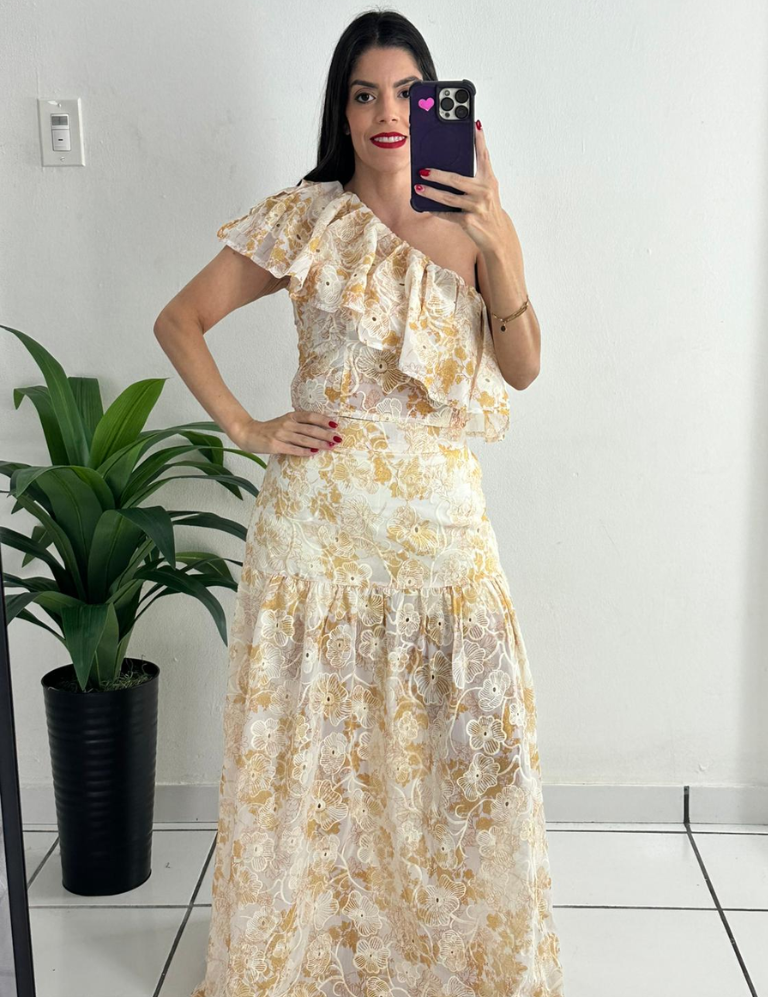 Beige eyelet top & skirt set