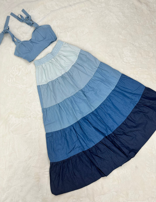 Color Block Denim Top & Skirt Set