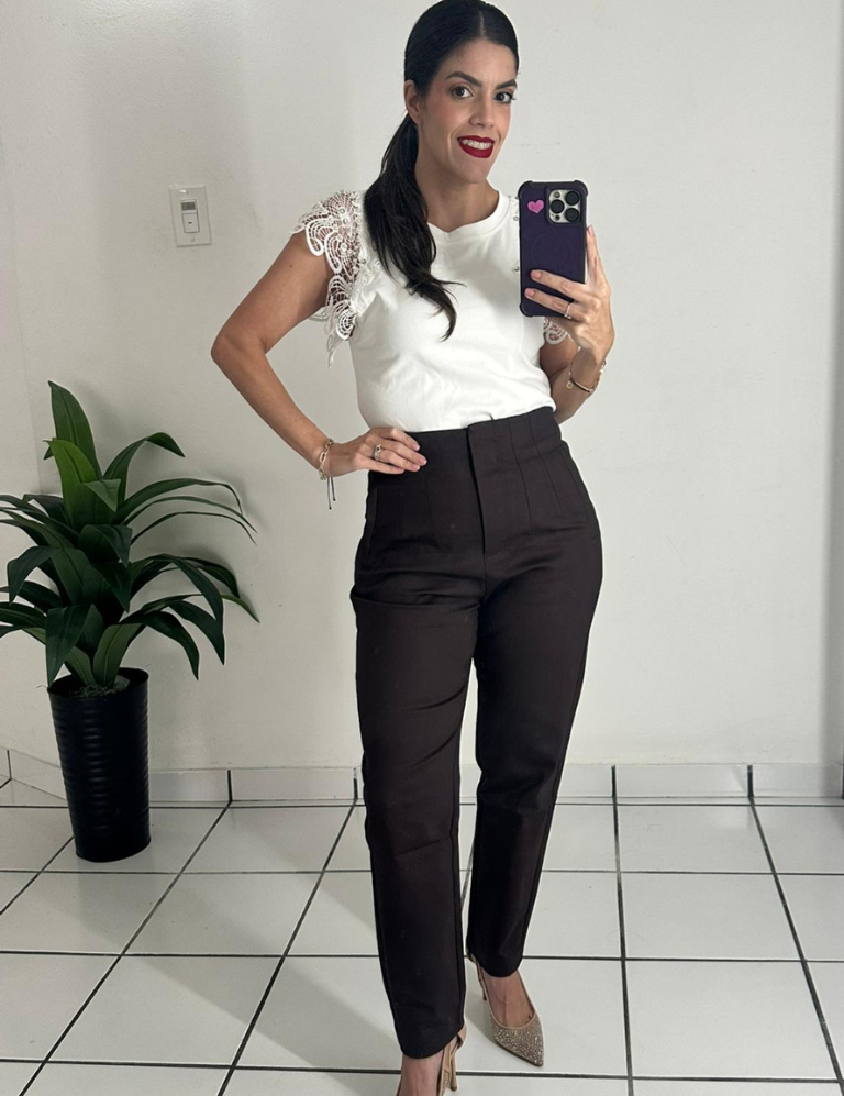 Zara-style high-waisted brown pants