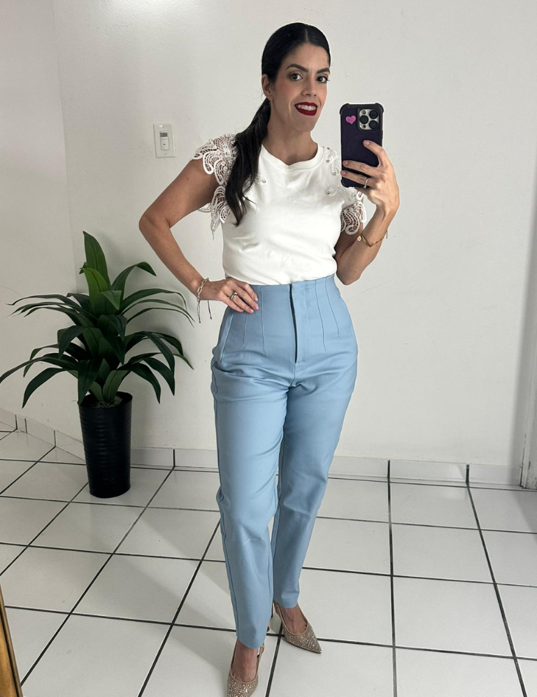 Light blue high-waisted Zara-style trousers