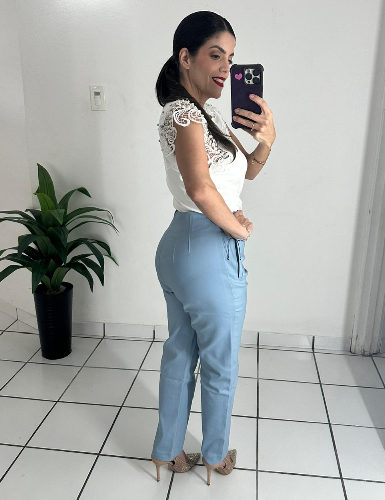 Light blue high-waisted Zara-style trousers