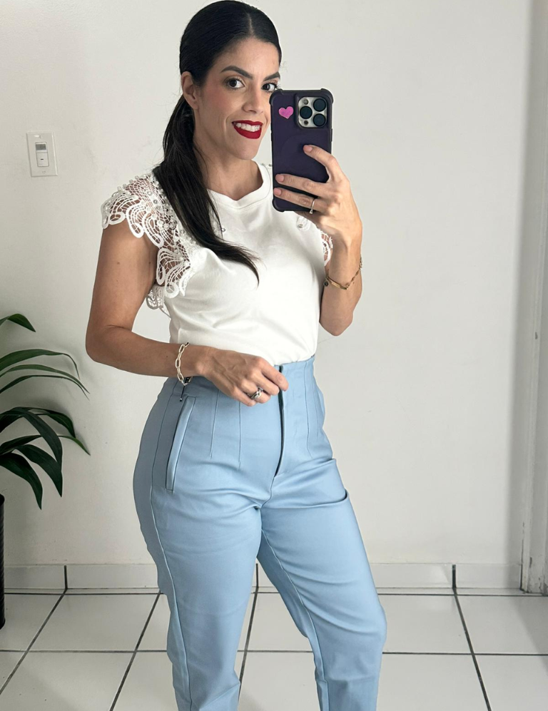 Light blue high-waisted Zara-style trousers