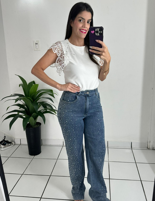 Rhinestones denim pants