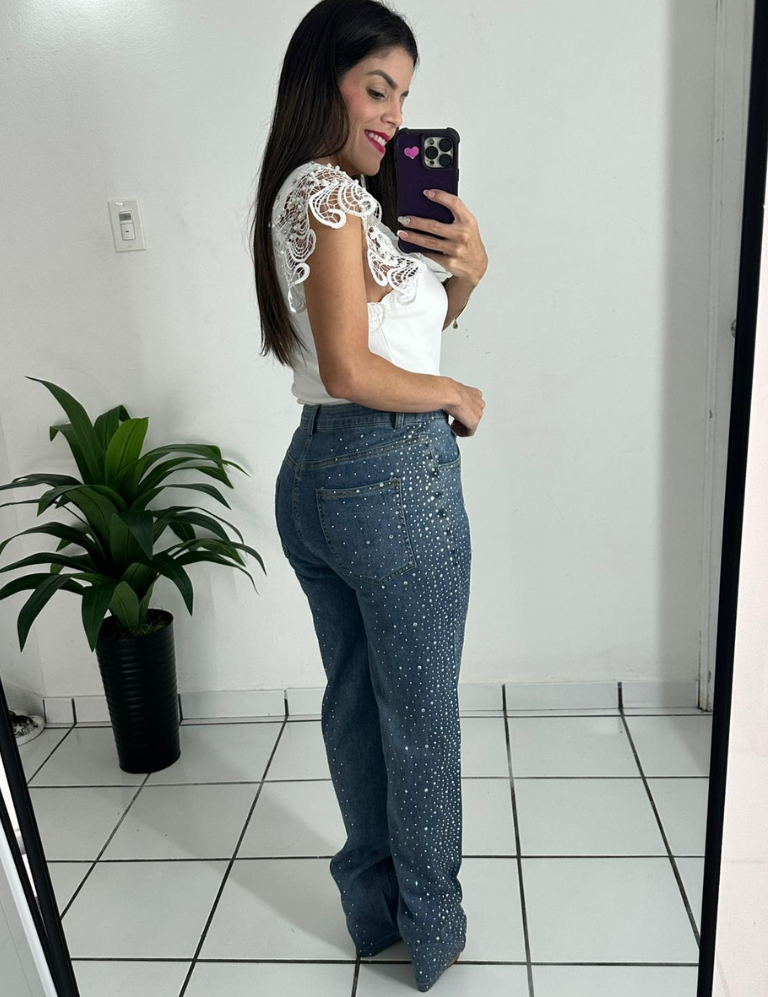 Rhinestones denim pants