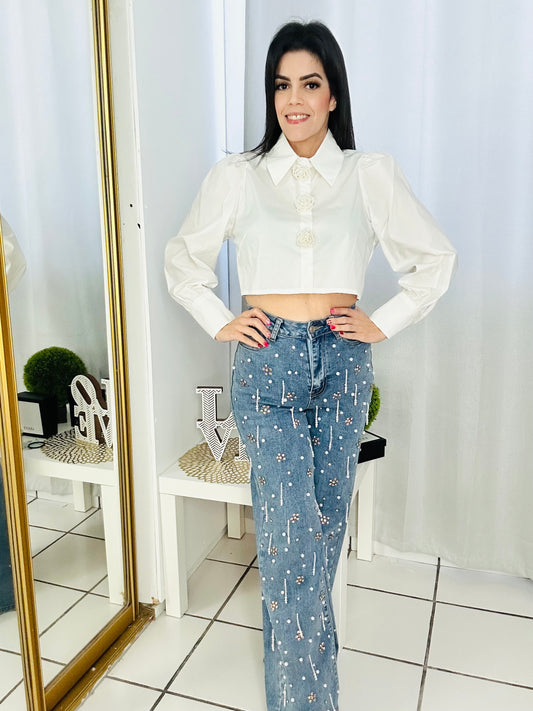 White Flower Buttons Top