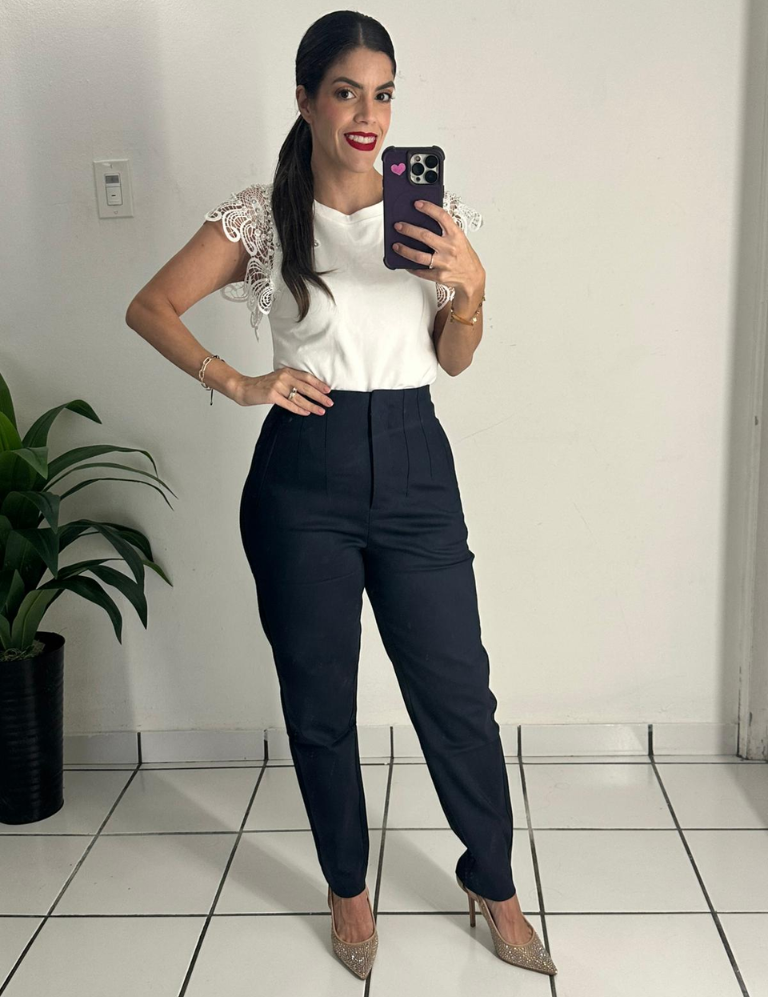 Zara-style high-waisted navy blue pants