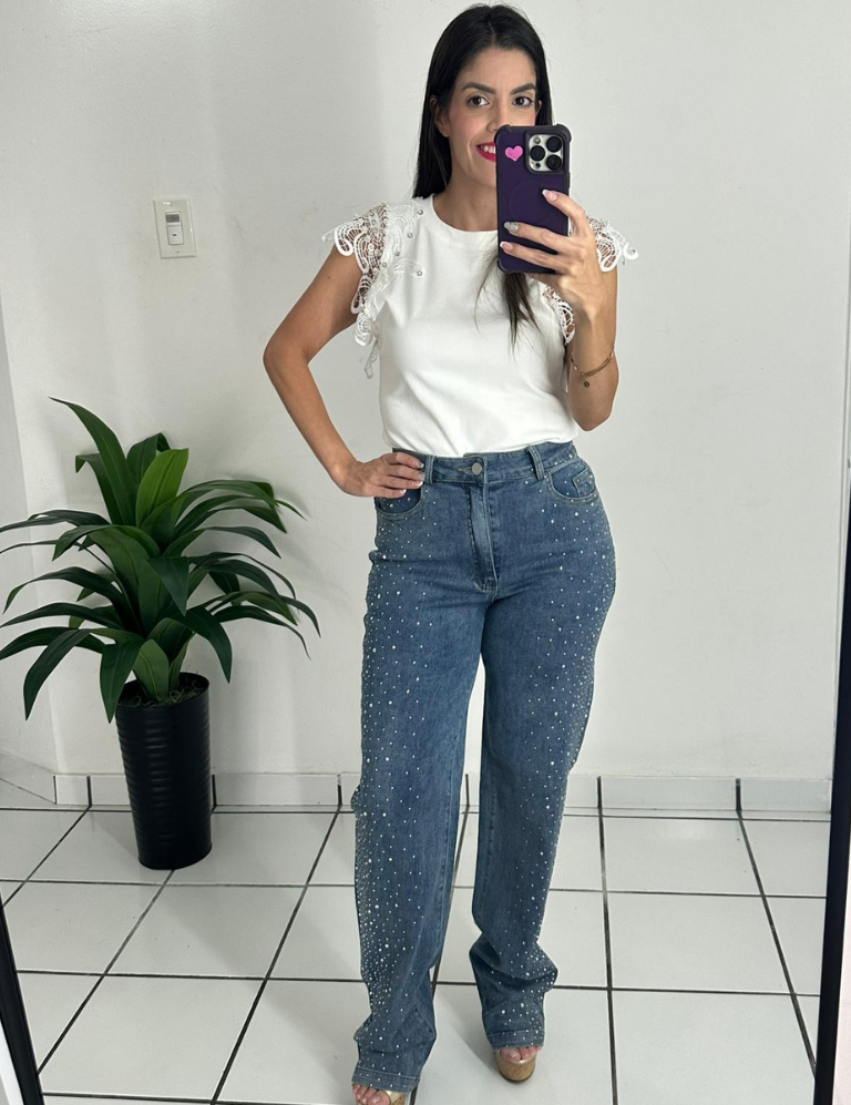 Rhinestones denim pants
