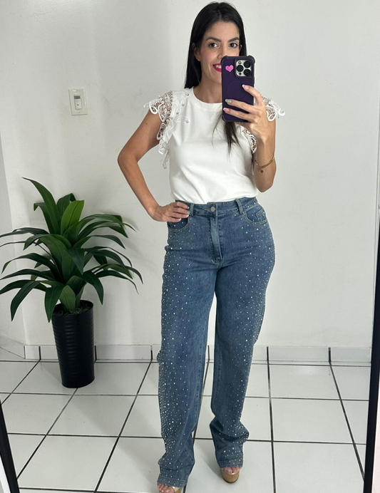 Rhinestones denim pants