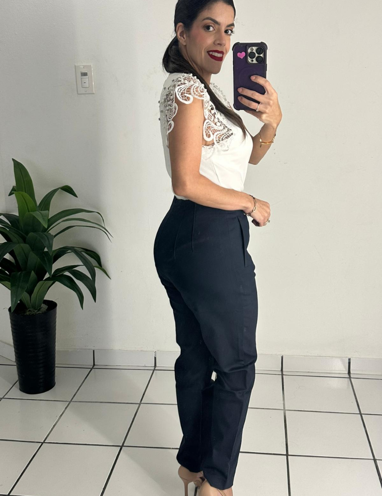 Zara-style high-waisted navy blue pants