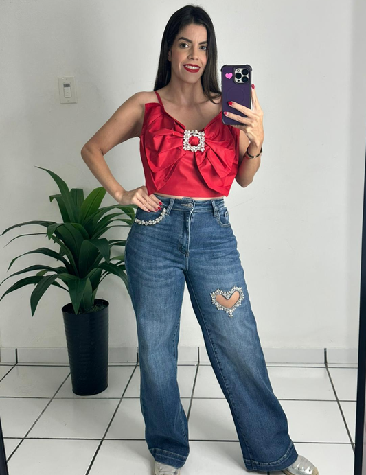 Rhinestones Heart Denim Jean