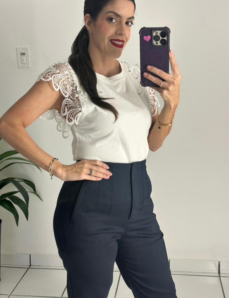 Zara-style high-waisted navy blue pants