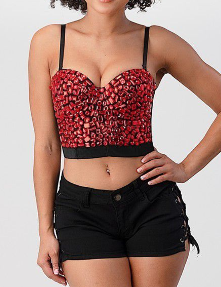 Rhinestone Cropped Bustier Top - Black/Red