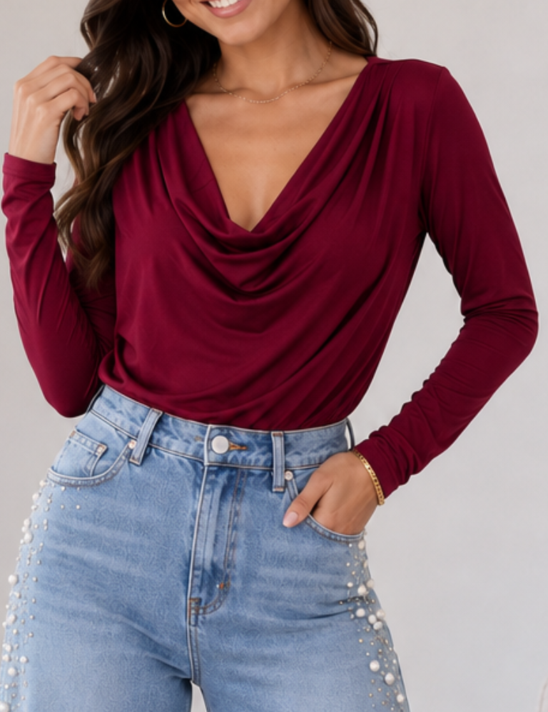 Draped Bodysuit Top - Burgundy