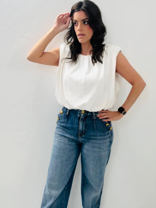 High Waisted Gold Buttons Denim Jean