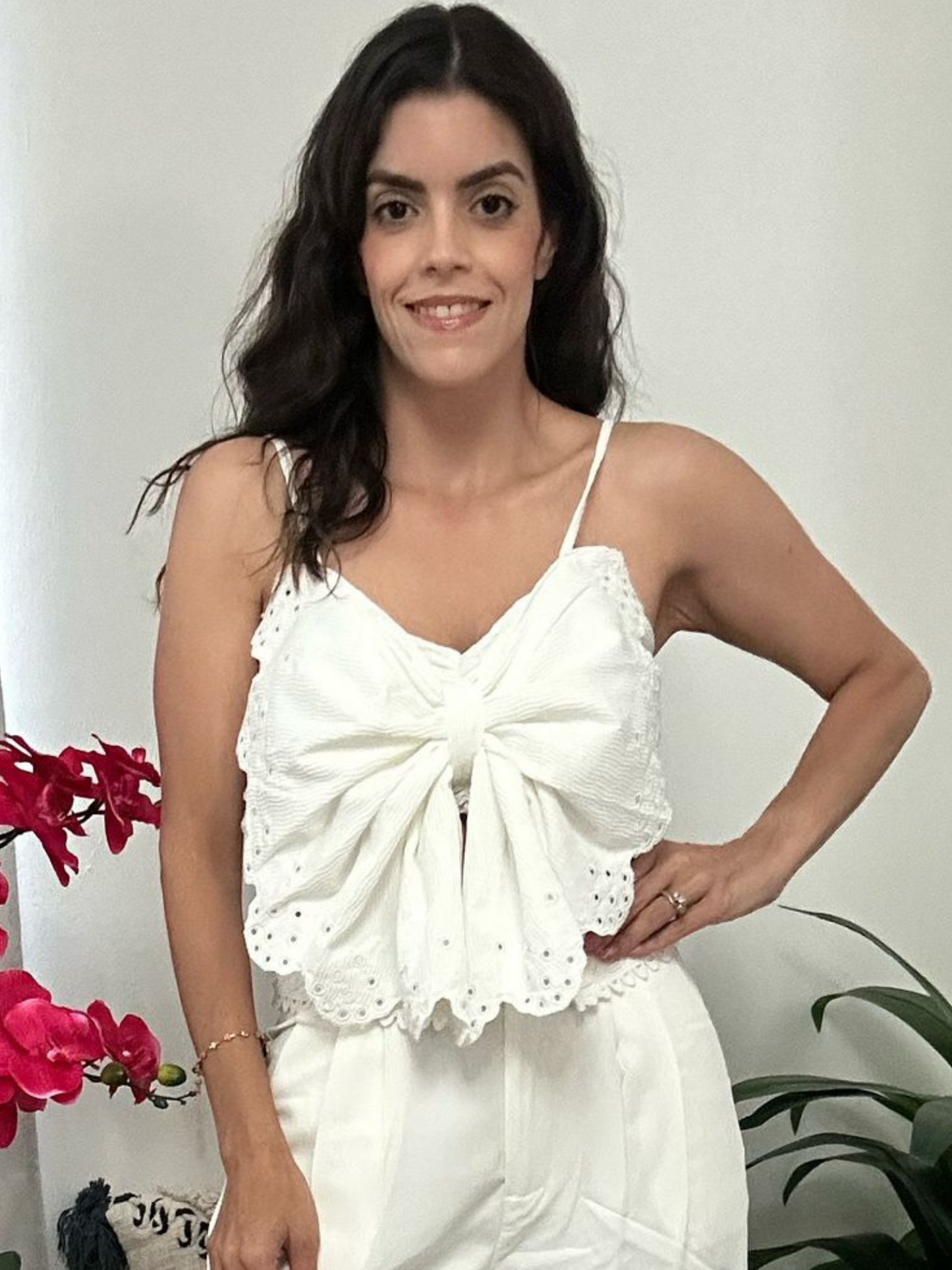 White Casual Bow Crop Top
