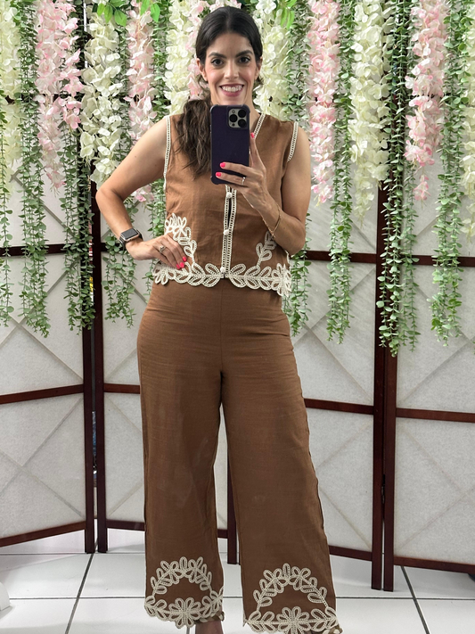 Embroidery Details Top & Pant Set - Choco