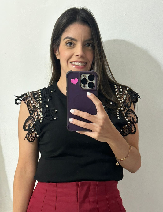 Short Laced Sleeve Top - Black