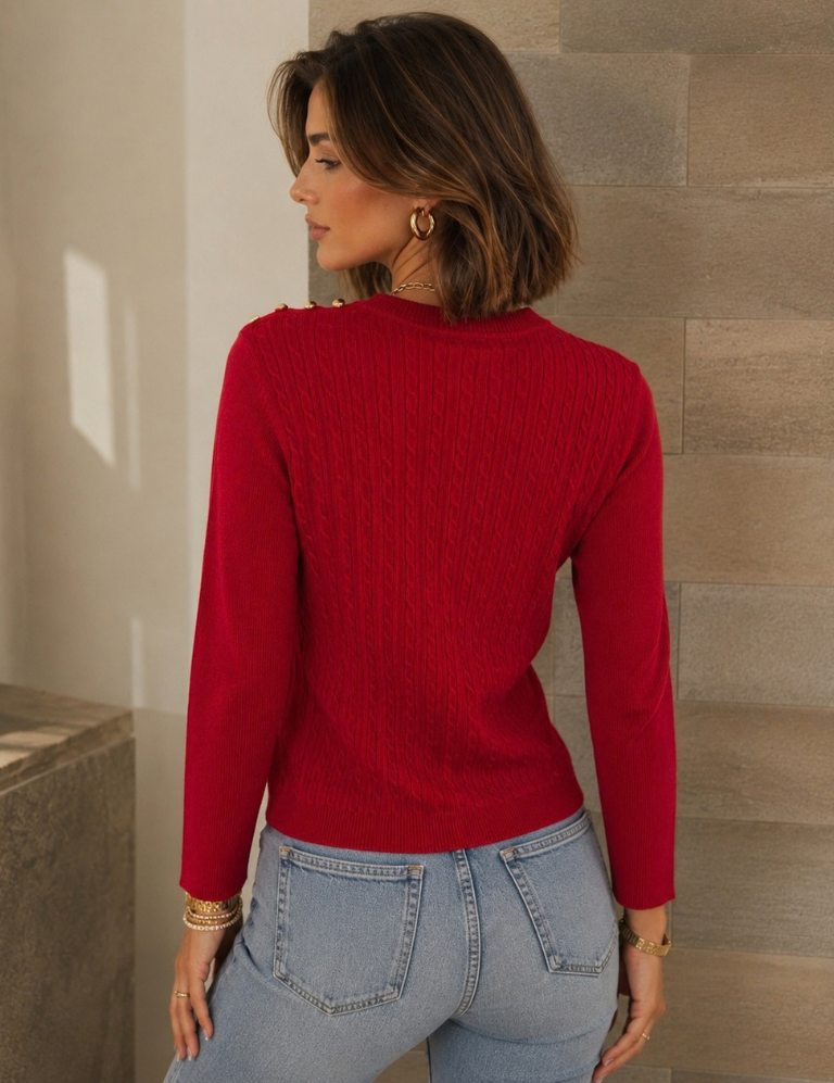 Red textured sweater with shoulder buttons