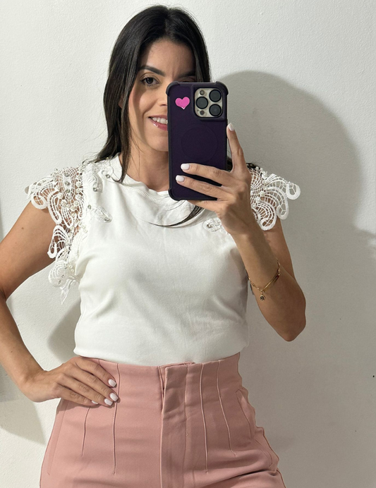 Short Laced Sleeve Top - White