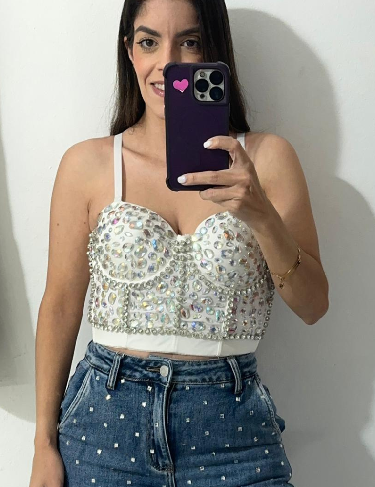 Rhinestone Pattern Bustier Top - White/Silver