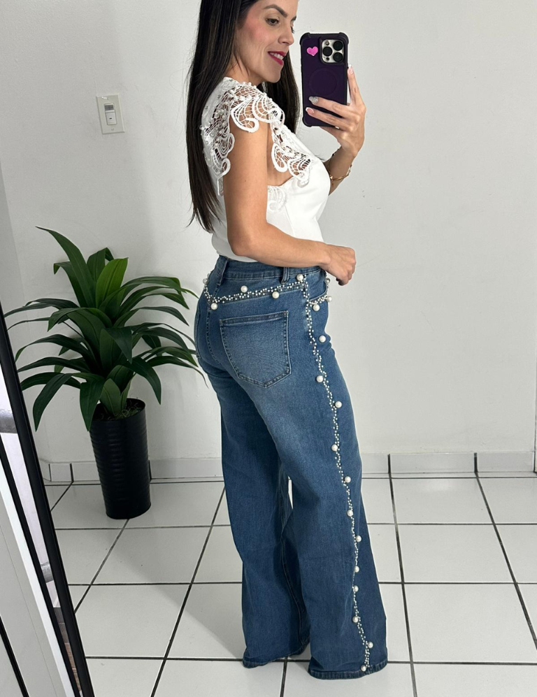 Pearls on Sides Denim Jean