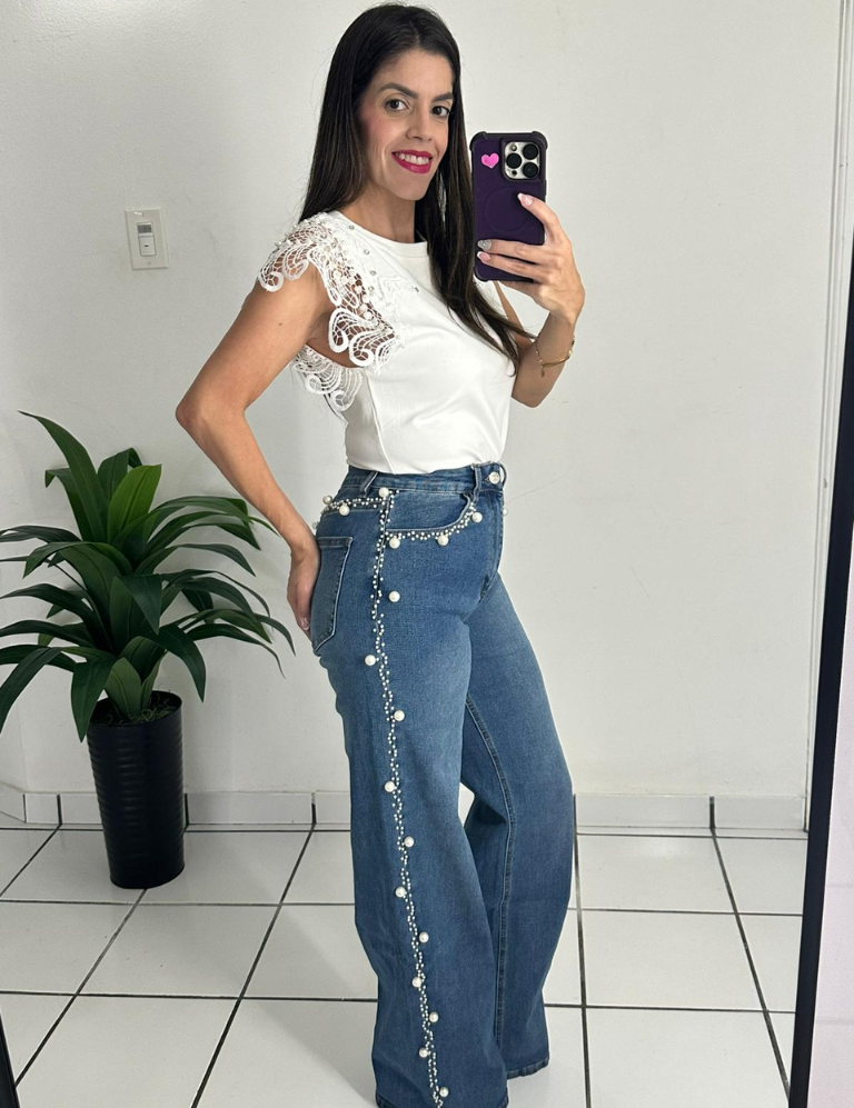 Pearls on Sides Denim Jean