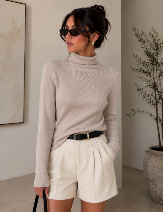 Fine Ribbed Turtleneck Sweater Taupe