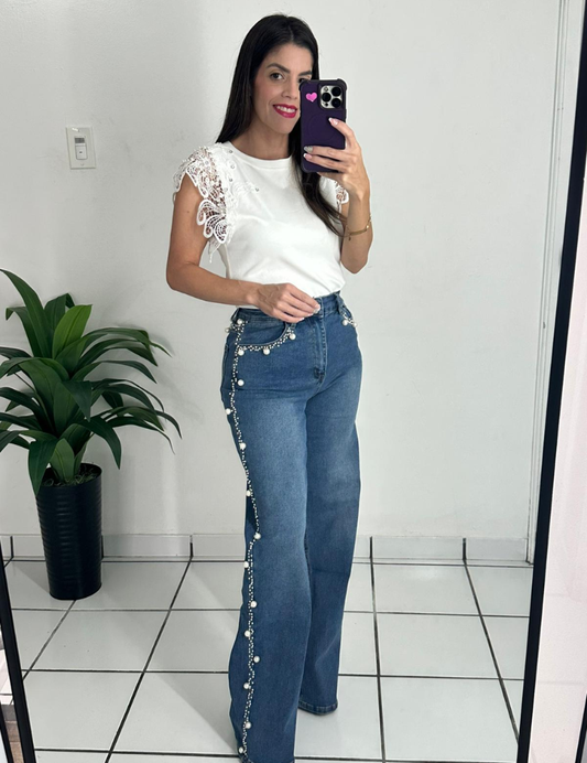 Pearls on Sides Denim Jean