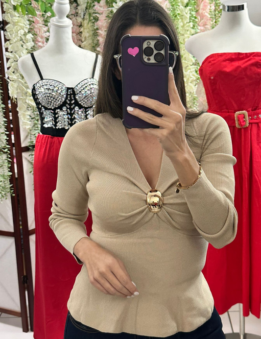 Peplum Long Sleeve Top - Beige