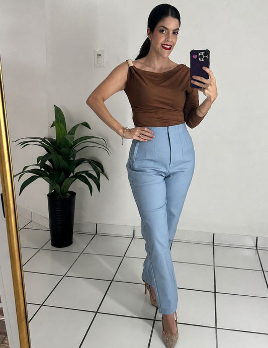 Light blue high-waisted Zara-style trousers
