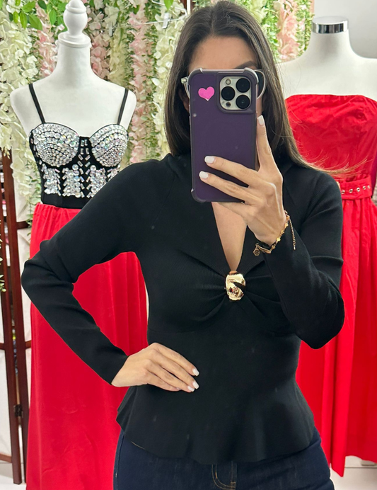 Peplum Long Sleeve Top - Black