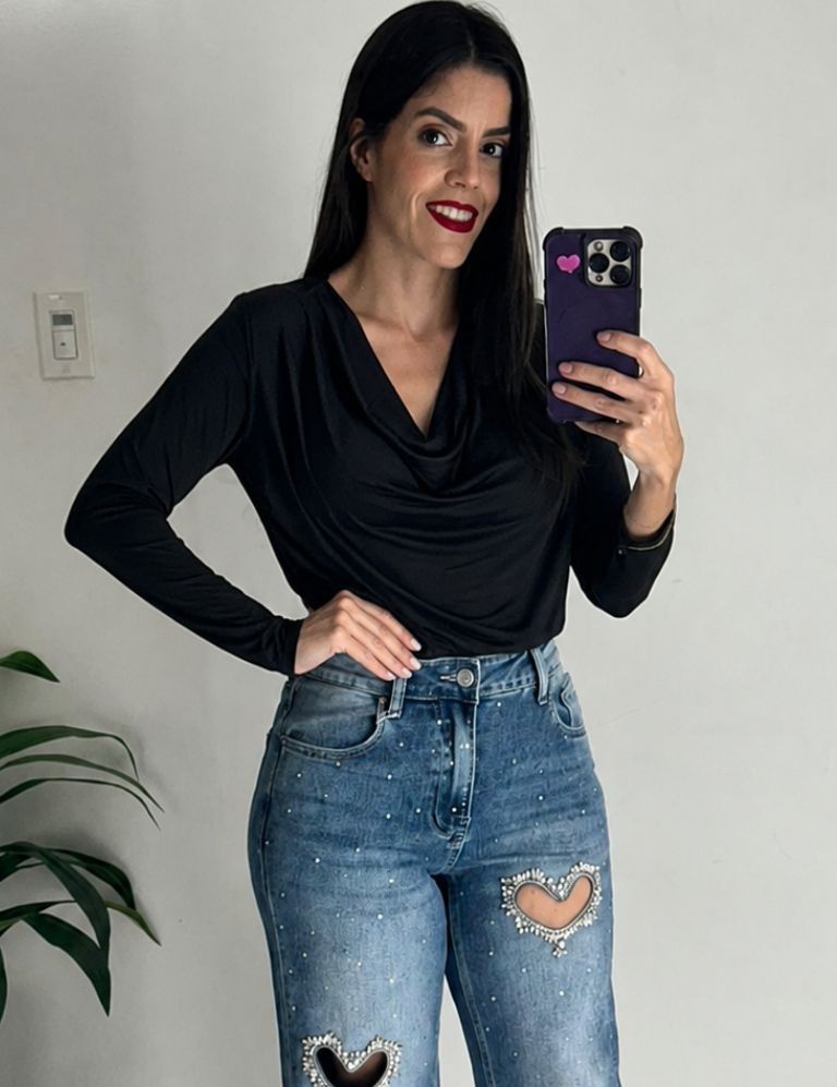 Draped Bodysuit Top - Black
