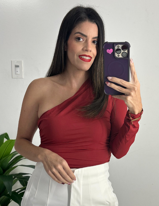One shoulder long sleeve top - Red/brick
