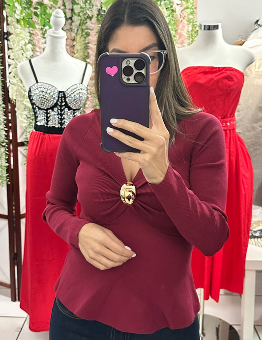 Peplum Long Sleeve Top - Burgundy